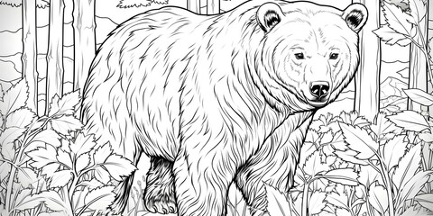 Monochrome line art of a brown bear in a coloring page style. Concept Bear Coloring Page, Monochrome Art, Line Drawing, Animal Illustration