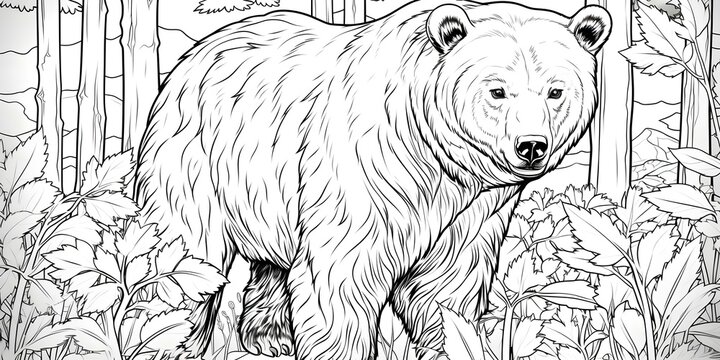 Monochrome line art of a brown bear in a coloring page style. Concept Bear Coloring Page, Monochrome Art, Line Drawing, Animal Illustration
