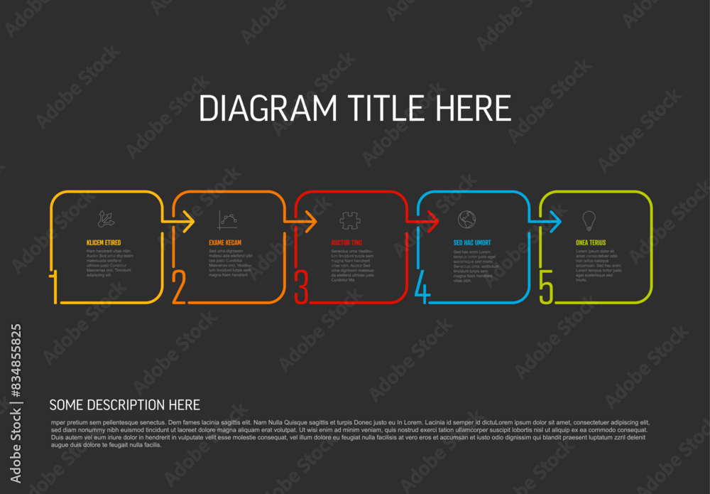 Poster minimalistic five square steps elements template with numbers and icons on black background