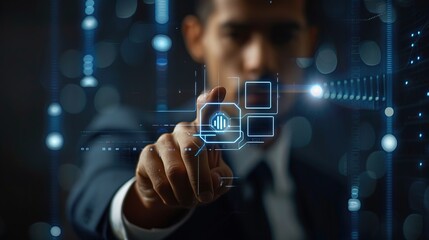 Businessman pressing modern buttons against a virtual background