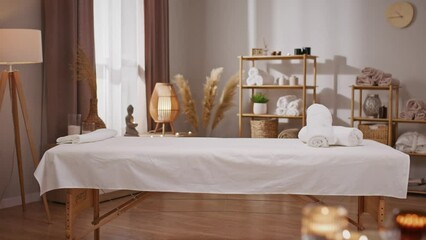 In spa salon with soothing and serene atmosphere. On table laying candles and sounding tranquil music. In treatment room located massage bed with soft linens. Stylish interior concept.