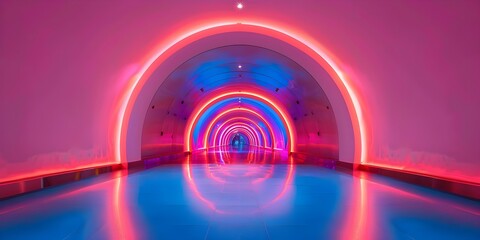 Exploring a Neonlit Tunnel to Discover a Room with a Blue Floor and Pink Light. Concept Neonlit Tunnel, Blue Floor, Pink Light, Exploration, Colorful Discoveries