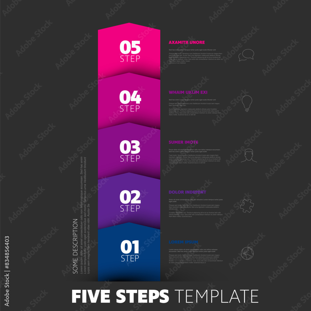 Poster progress five color vertical steps infographic template on dark background