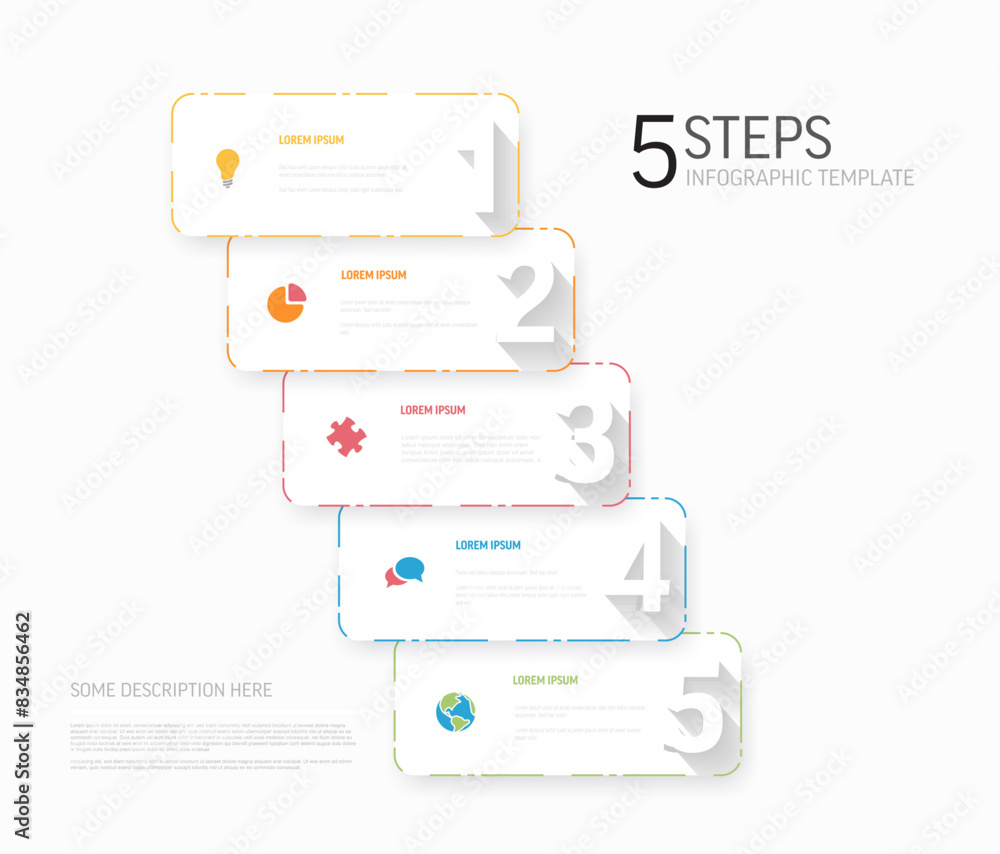 Poster white five card steps template with big numbers icons description and color border