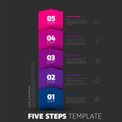 Progress five color vertical steps infographic template on dark background