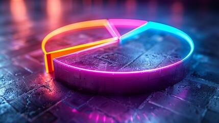 Neon glowing pie chart divided into four segments.  The segments are in pink, orange and blue.  The chart is on a dark metallic background.