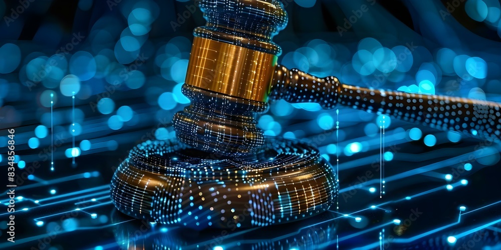 Poster digital judges gavel in cyberspace represents enforcing cybersecurity laws in abstract tech. concept