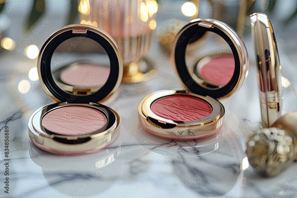 Aufkleber two elegant compact cases with powder and blush are presented on a smooth marble surface. generative