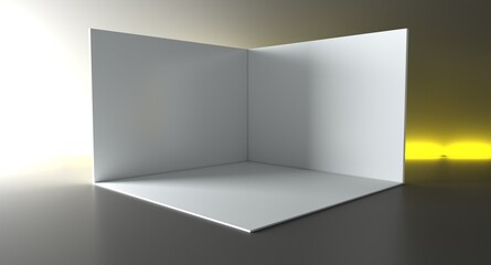 3D exhibition booth. Showroom. Square corner. Empty geometric square. Blank box template. White blank exhibition stand. Presentation event room.
