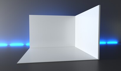 Fototapeta premium 3D exhibition booth. Showroom. Square corner. Empty geometric square. Blank box template. White blank exhibition stand. Presentation event room.