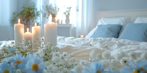 Serene White Bedroom with Blue Accents: Flowers, Candles, and Soft Lighting. Concept Home Decor, Bedroom Design, Serene Ambiance, Colorful Accents