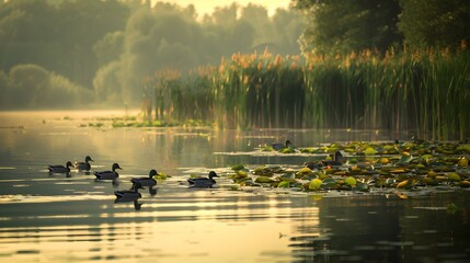 lake scene with ducks gliding pic