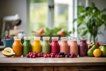Colorful Array Of Fresh Fruit Smoothies Lined Up On A Kitchen Counter. Generative AI