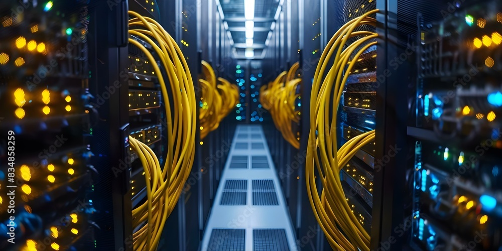 Poster servers in data center connected by yellow optic wires in disarray. concept data center maintenance,