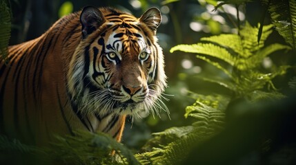 Fototapeta premium tiger stalking its prey in the lush rainforest,