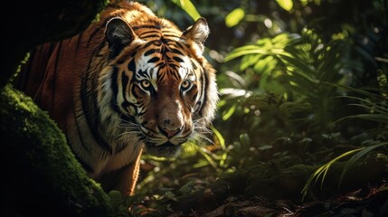Fototapeta premium tiger stalking its prey in the lush rainforest,
