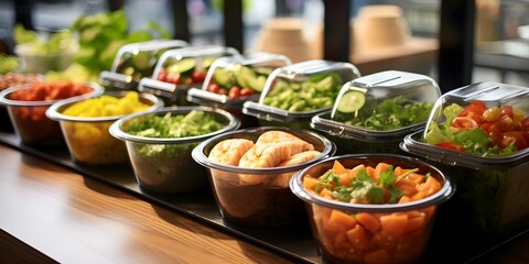Fototapeta premium Selfserve eatery with diverse cuisine in unique gastronomic containers. Concept Food Trucks, Street Food, International Cuisine, Eco-Friendly Packaging