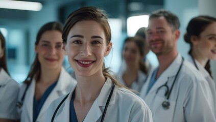 Fototapeta premium A group of doctors standing in front, smiling and looking at the camera, portrait photography, Medical professionals proud