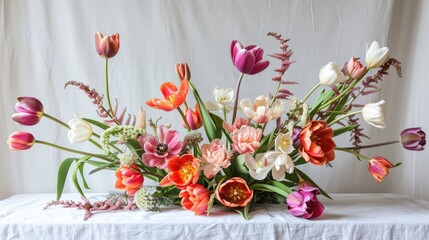 Fototapeta premium Tulip arrangement on a white backdrop