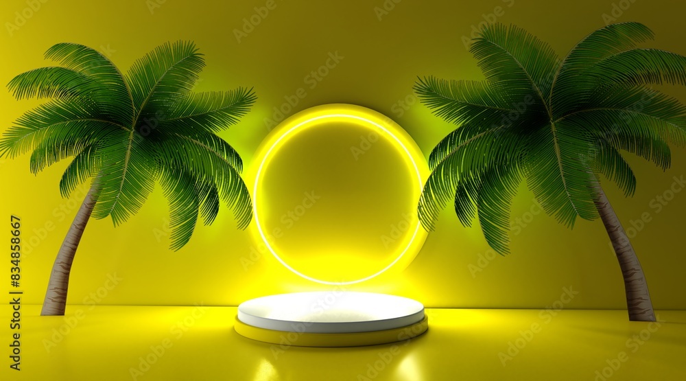 Poster yellow realistic 3d cylinder stand podium with glowing yellow neon in circle shape. abstract 3d rend