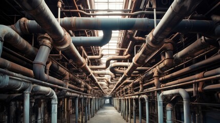 pipes snaking their way along the ceiling of an old factory, 