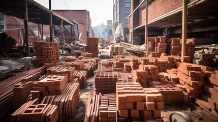organized construction site with neatly stacked pallets of bricks, rolls of roofing material, 