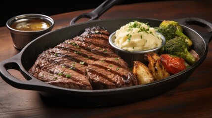 perfectly grilled steak, sizzling on a cast iron skillet, 