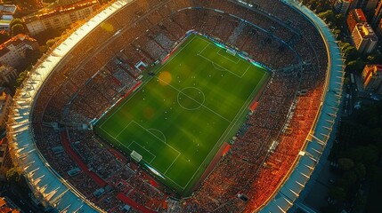 An aerial view of a packed stadium during a soccer game, illustrating the popularity and excitement of sporting events