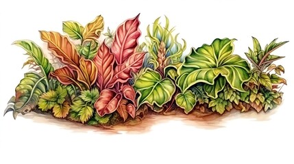 A vibrant illustration of various colorful tropical leaves against a white background, showcasing a mix of lush, exotic foliage.