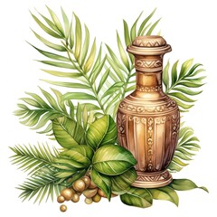 Vintage ornate vase surrounded by lush tropical leaves and foliage, creating a fresh and natural decorative composition.