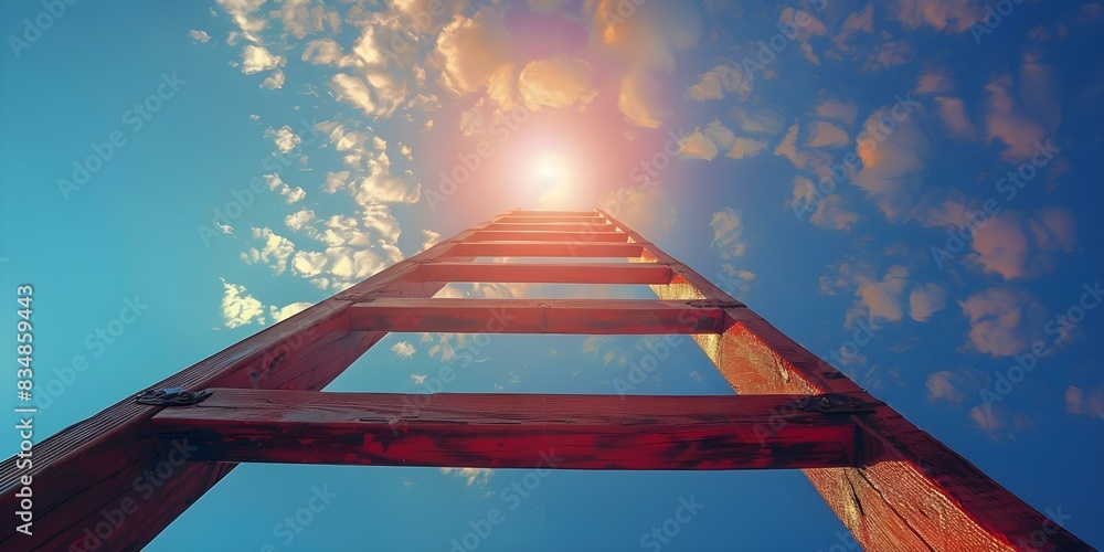 Poster symbolic representation of progress and freedom with abstract ladder reaching bright light. concept 