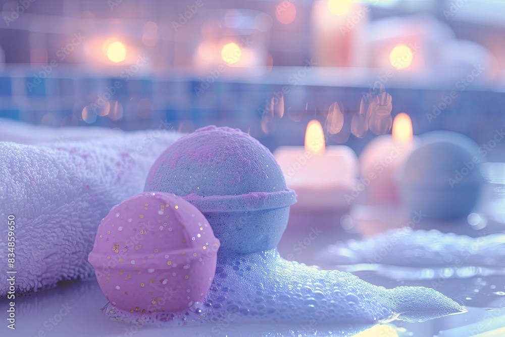 Poster two colorful bath bombs with sparkling glitter are partially submerged in a bubble bath, creating a 