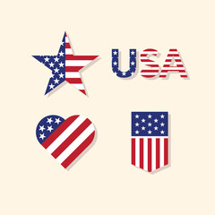 vector set of America flag pattern in the shape of heart, star, canvas hanging flag and text USA isolated on pale yellow background for Independence day and Memorial day celebration