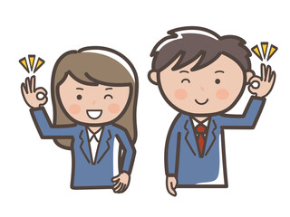 了解のOKサインを出す男女ビジネスマンの上半身イラスト_紺スーツ