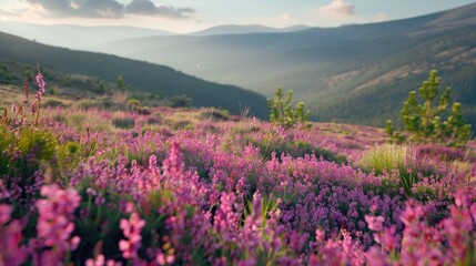 Fototapeta premium Heather in Pink Bloom adorns the slopes of the mountains