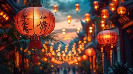 Fototapeta premium Chinese lanterns line a bustling street, offering a colorful, festive vibe amidst the fading daylight that illuminates an Asian district