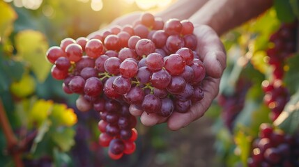 Fototapeta premium Close-up of a farmer's hands dirtied from toil, holding a fresh bunch of juicy red grapes in a vineyard