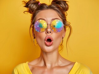 Fototapeta premium Female wearing sunglasses sticking out tongue