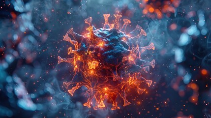A blue and orange virus cell with a red flame inside