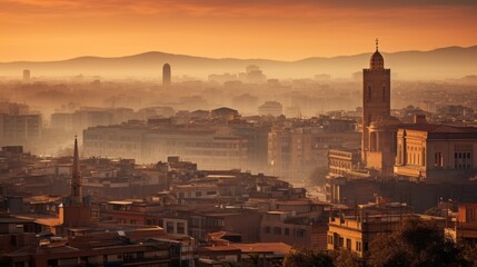 Naklejka premium cityscape bathed in the warm hues of sunrise, 