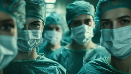 A group of young doctors wearing masks and scrubs stand in the operating room, facing forward with their eyes focused on the camera. - Powered by Adobe