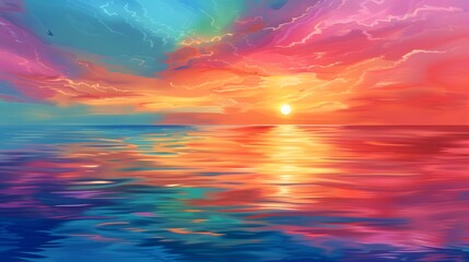 An illustration of a serene sunset with the sky painted in the colors of the LGBTQ+ pride flag. The sun is setting on the horizon, with vibrant hues reflecting on a calm body of water below.