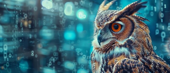 A futuristic charismatic cyber closeup of an owl in a professors gown