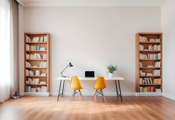 study room at home. wall covered with books, daylight, bright colors, wooden parquet floor