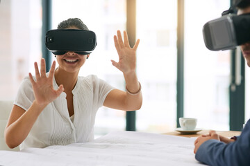 Business woman, VR headset and creativity for teamwork with futuristic innovation and software...