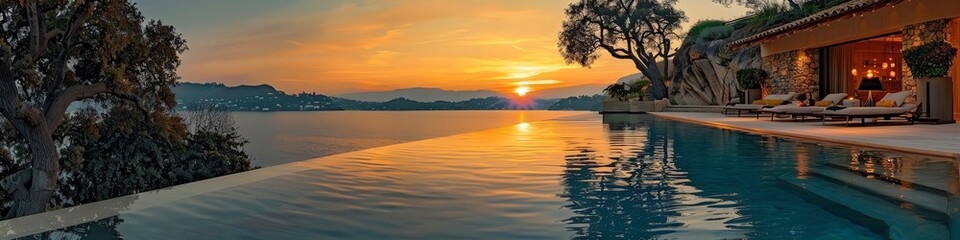 Fototapeta premium Infinity pool overlooking a serene lake, sunset casting gentle light on the water, highresolution photography, peaceful and calming ambiance