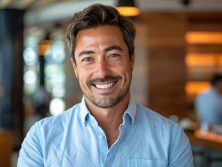 Fototapeta premium Man in eatery in blue shirt smiling