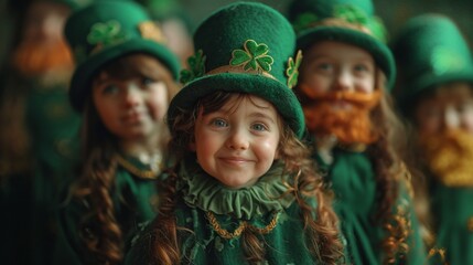 Precious little girl in traditional Irish dress and beard for St Patrick's Day, showing cultural festivity and cuteness