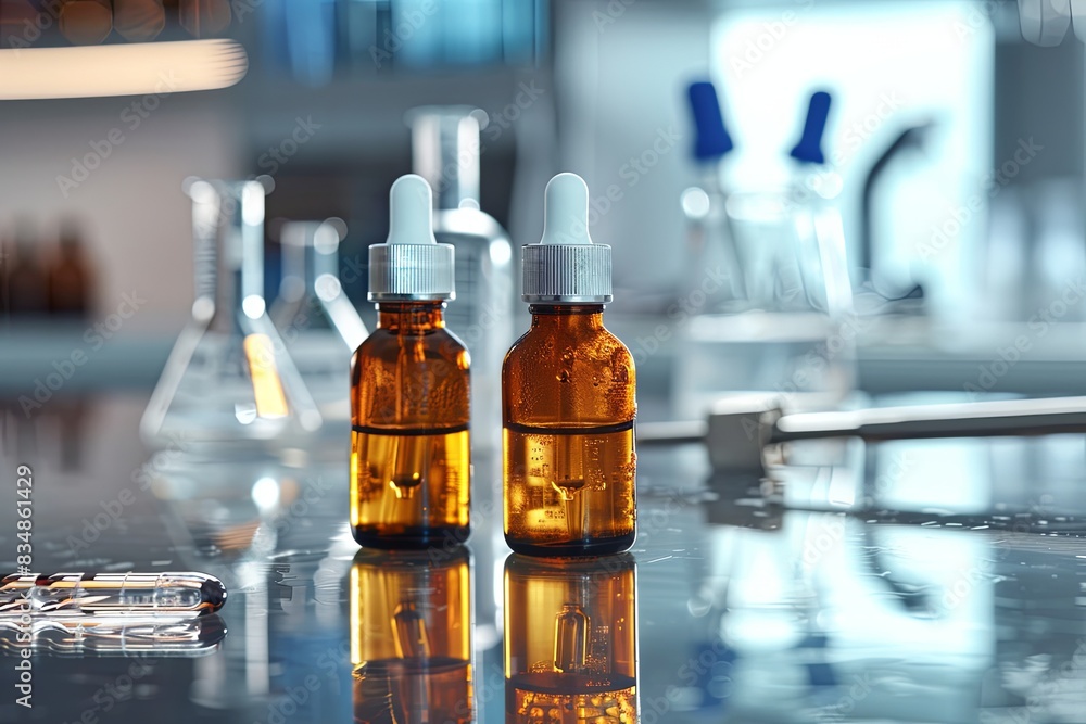 Poster two amber glass bottles with droppers and clear liquid sit on a laboratory table, with blurred lab e