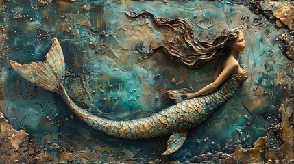 Textured painting of a mermaid with blended colors and artistic elements adds a mythical touch © AS Photo Family